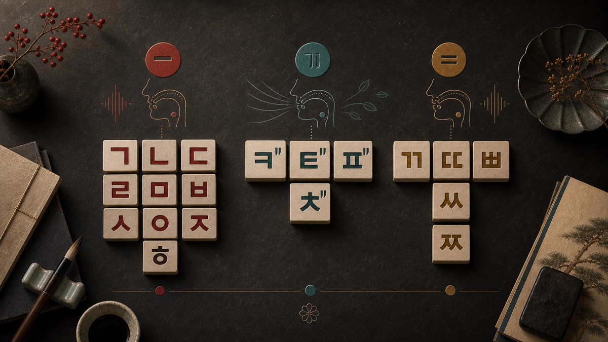 Distinct consonant study artwork with grouped plain, aspirated, and tense Hangul consonant tiles.