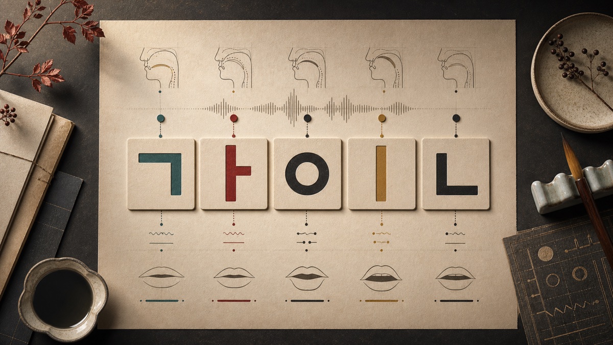 Hangul tiles with abstract pronunciation waveform and phonetic study marks.