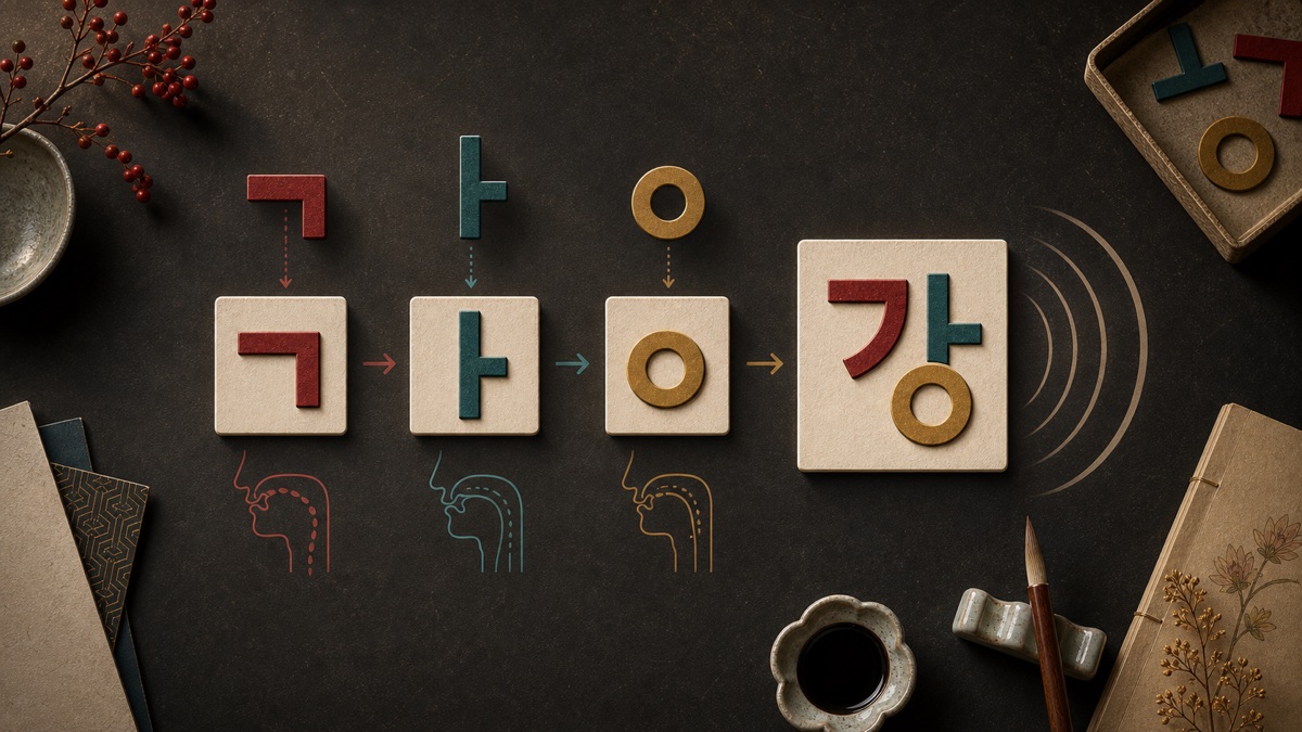 Korean letter pieces arranging into structured syllable blocks.