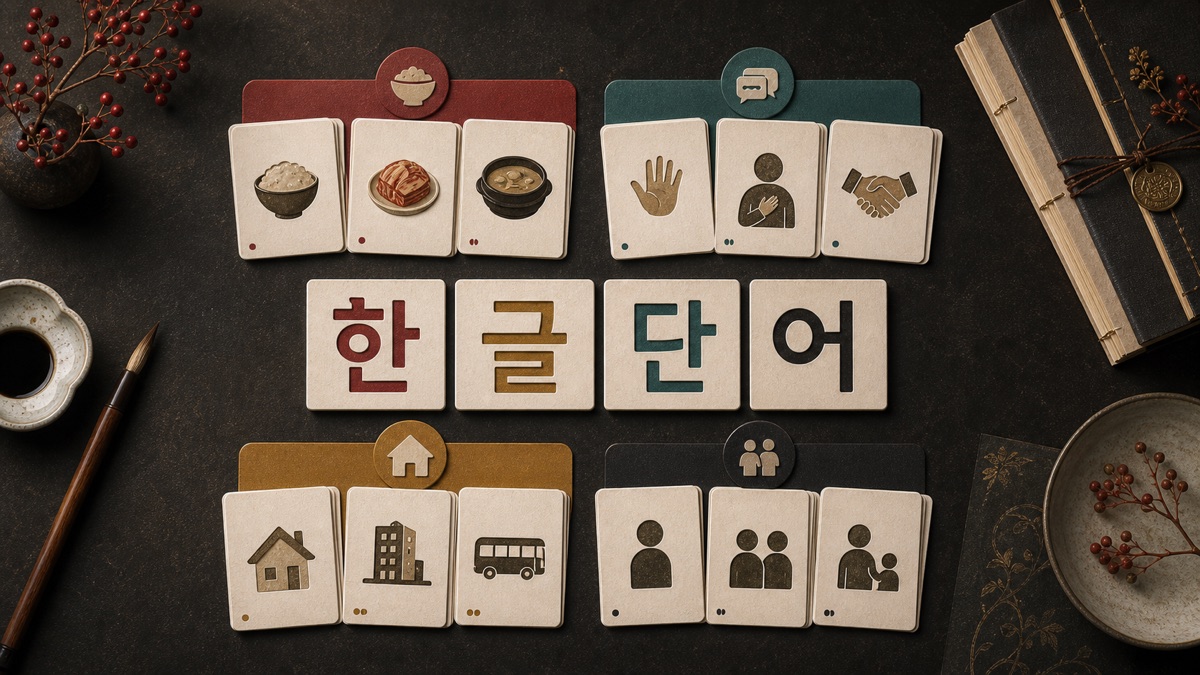 Grouped Korean vocabulary cards with small category symbols and Hangul tiles.