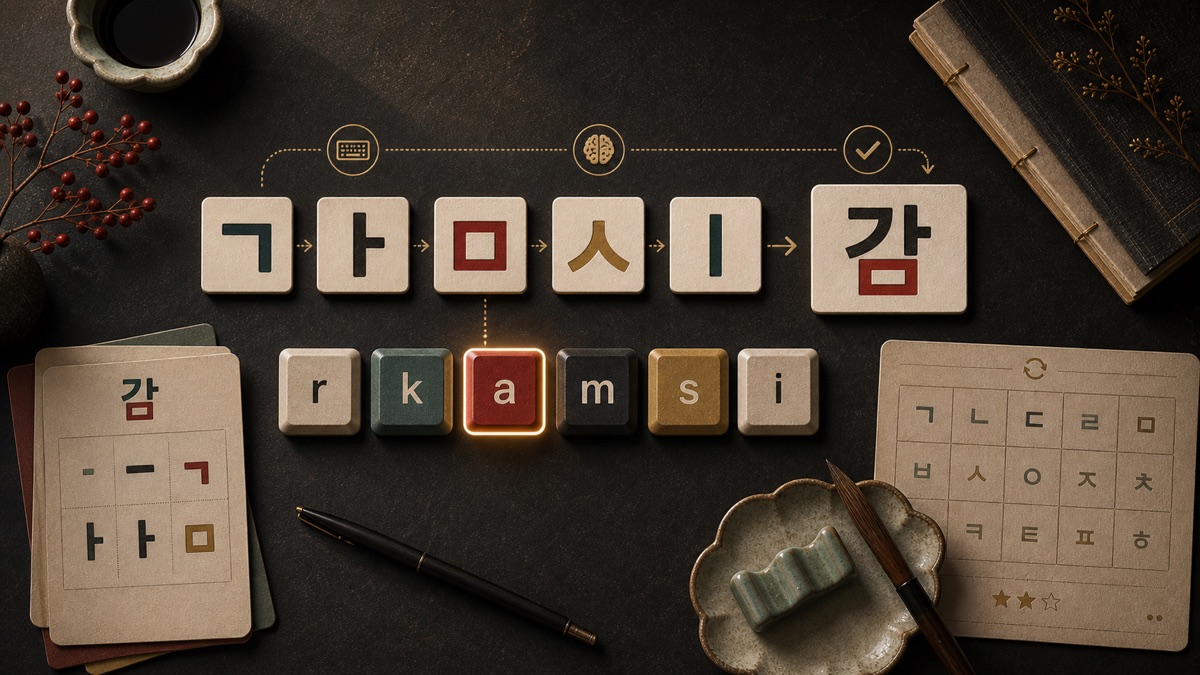 Distinct vowel study artwork with flowing Hangul vowel shapes and compound vowel forms.